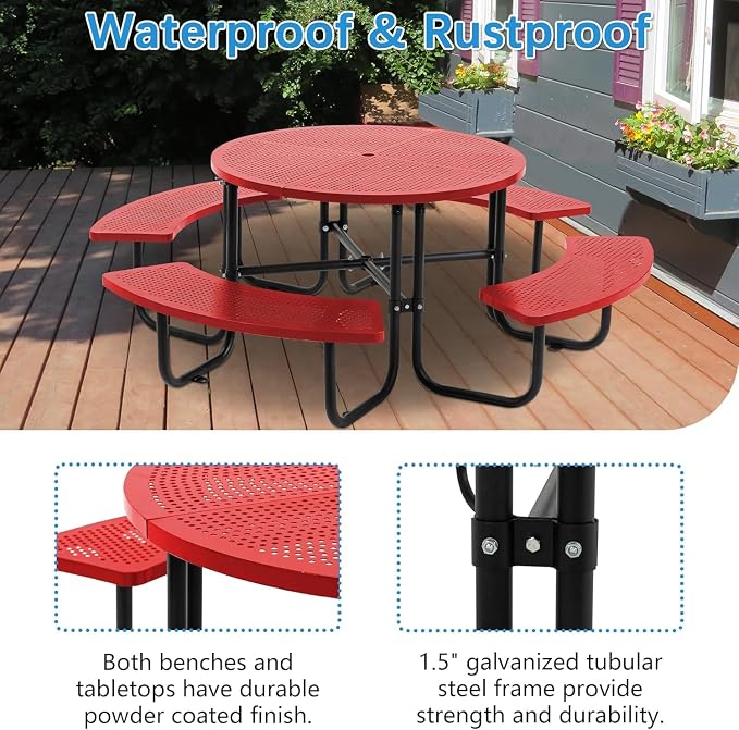 46" Round Metal Picnic Table with Umbrella Hole, Heavy Duty Portable Outdoor Dining Set, All-Weather Steel BBQ Party Table for Patio Garden Backyard, Red (Red-Round)