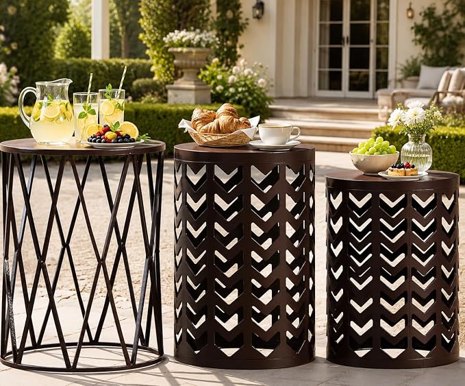 Y&M Nesting Side Table, Set of 3 Stacking Coffee Table for Living Room, Indoor End Tables, Outdoor Garden Stool with Heavy Duty Modern Industrial Decor - Pure Brown (Ship from US)