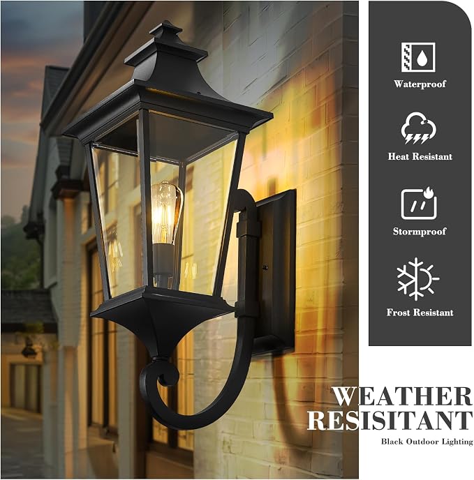 Emliviar 29.3 Inch Outsider Wall Lantern, Outdoor Wall Light Suitable for House Porch, Clear Glass in Black Finish, XE292UB-L BK