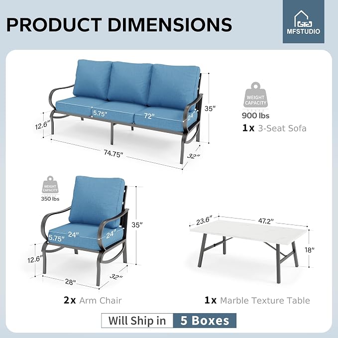 MFSTUDIO 4 Pieces Patio Conversation Set, 5 Seats Metal Patio Furniture Sets with 1 x 3-Seat Sofa, 2 Single Chairs,1 Coffee Table, All Weather Steel Patio Sets with 5.75inch Navy Cushion for Garden