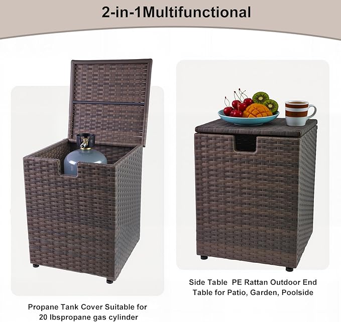 20 LB Wicker Propane Tank Cover Table, Weatherproof Outdoor Propane Tank Hide with Adjustable Feet,Perfect for Backyard, Balcony and Poolside（Brown）