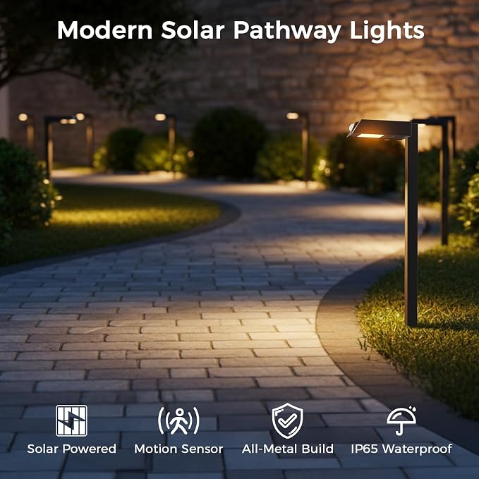 XMCOSY+ Solar Pathway Lights, 4 Pack Metal Motion Sensor Outdoor Lights | 300LM bright garden light for yard, backyard, driveway, walkway, 3 lighting modes, all-night lighting (warm/cool white)