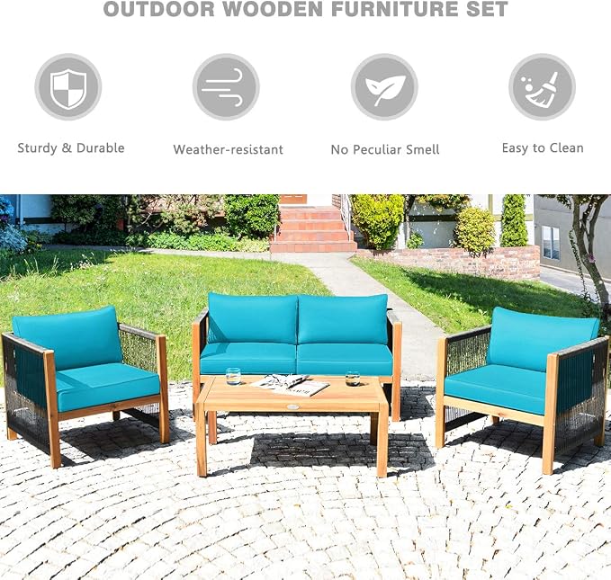 Tangkula Outdoor Wood Furniture Set, Acacia Wood Loveseat Sofa, 2 Single Chairs and Coffee Table, 4 Pieces Conversation Set with Cushions, Garden Balcony Poolside Outdoor Living Set (1, Turquoise)