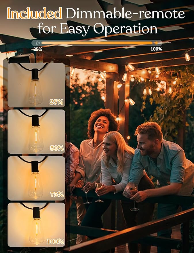 150ft Solar Outdoor String Lights with Remote - USB Rechargeable Solar Powered Outdoor Patio Lights - Timer, Dimmable Shatterproof ST38 Bulbs for Backyard, Garden, Pool