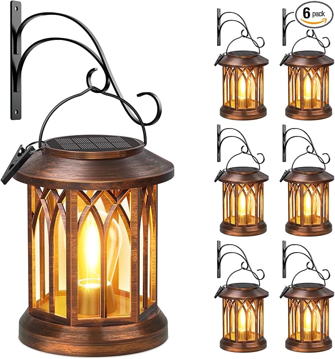 Solar Lanterns Outdoor Waterproof 6 Pack, Upgraded Solar Lantern Outdoor Lights with Metal Hooks Kit, Hanging Solar Lights for Outside Decorative Patio Yard Path Porch Garden Decor(Copper)