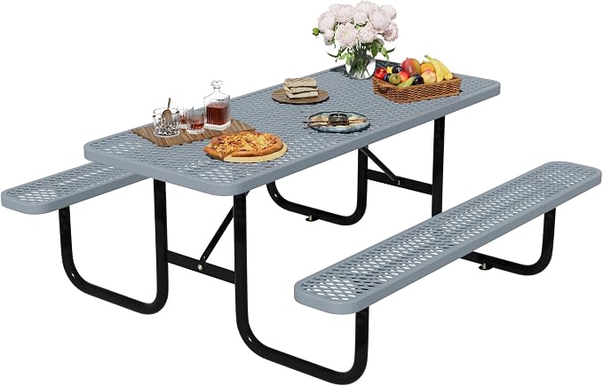 6FT Rectangular Steel Outdoor Picnic Table, Commercial Picnic Table Bench Set with Umbrella Hole, Weather-Resistant Heavy Duty School Dining Table for Stores, Park, Patio, Garden, Backyard, Grey