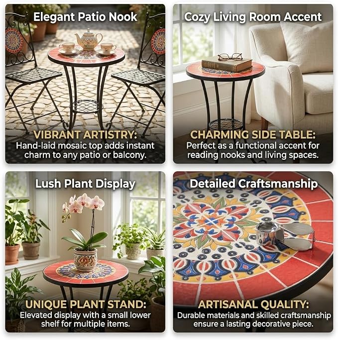 Mosaic Outdoor Side Table Small Round Patio Table Plant Stand | 21" Accent End Table with 14" Ceramic Tile Top for Small Spaces Porch Pool Garden Decor Indoor Living Room Bedroom Balcony