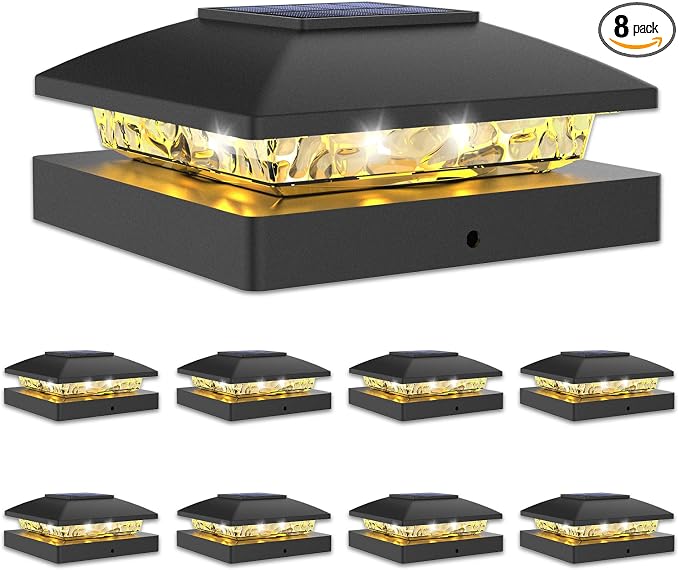 VOLISUN 4x4 Solar Post Cap Light 8pack,Solar Fence - Post Lights Outdoor Waterproof for Wooden/Vinyl Post,Black Deck Post Cap Light Solar Powered with Warm White for Garden/Patio/Porch
