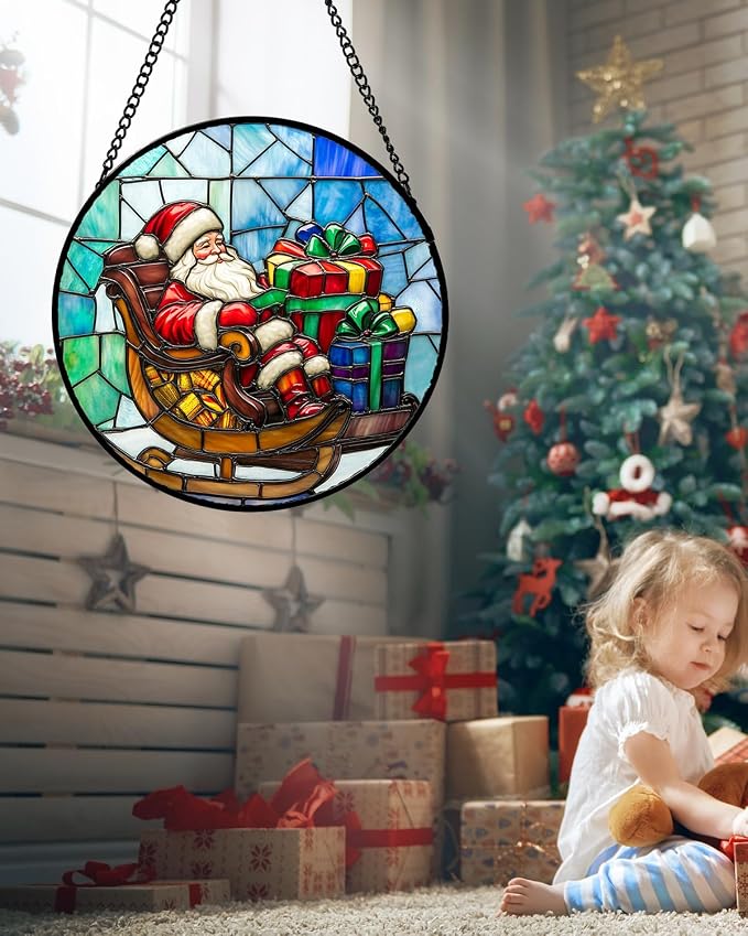 DASTOLL Stained Glass Window Hanging - Santa Claus Gift BoxSuncatcher for Doors Home Christmas Decoration Winter Sun Catcher Thanksgiving New Year Birthday Gift for Women Men Mom Nana 11.8 in