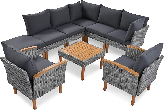 JIVOIT 9-Piece Outdoor Patio Furniture Sets, PE Rattan Wicker Sofa Set with Acacia Wood Tabletop Coffee Table and Wood Legs, Armrest Chairs, Sectional Sofa Set (Nature+Gray Cushions 02)