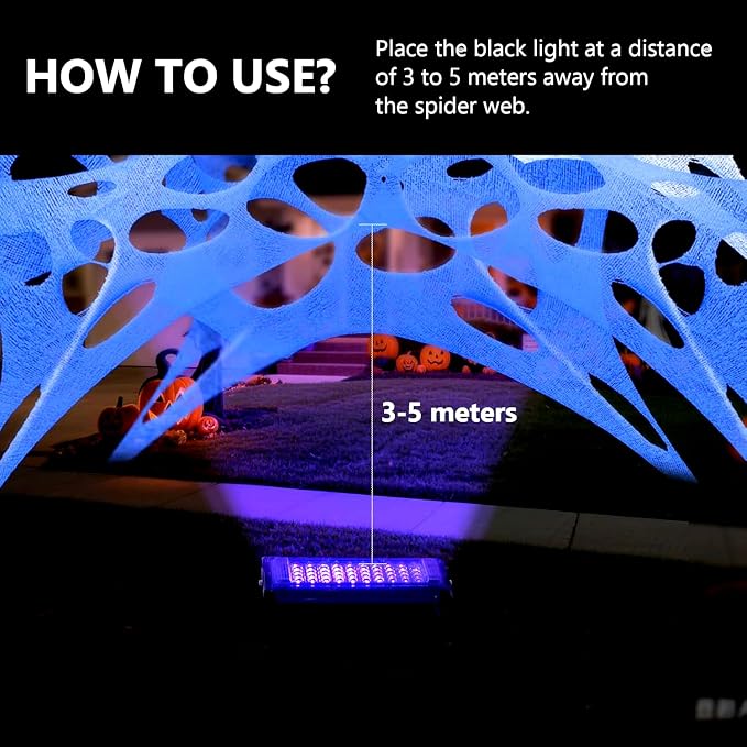 Glow in The Dark White 1000 Sqft Uncut Giant Spider Web Halloween Decorations Outdoor with 1 Black Light &10 Ground Nails Stretchy Beef Cloth Netting DIY Flexible Elastic for Yard Party Decor