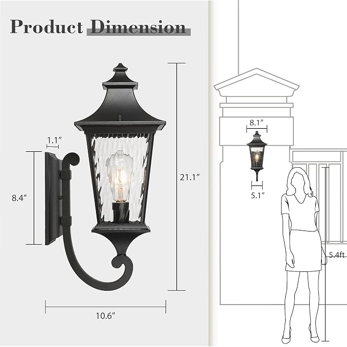 Emliviar 21.1 Inch Farmhouse Outdoor Wall Sconce,1 Light Exterior Wall Lighting in Black Finish Frame, Water Ripple Glass Shade, XE292UB-M SW BK