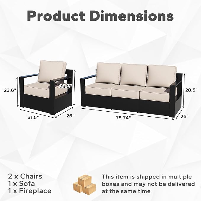 Outdoor Aluminum Furniture Set, 4-Piece Patio Conversation Set, 2 Chairs, 1 Sofa and 1 Fireplace, All-Weather Metal Frame, 6" Thick Removable Cushions, Deep Setting for Garden, Poolside and Porch