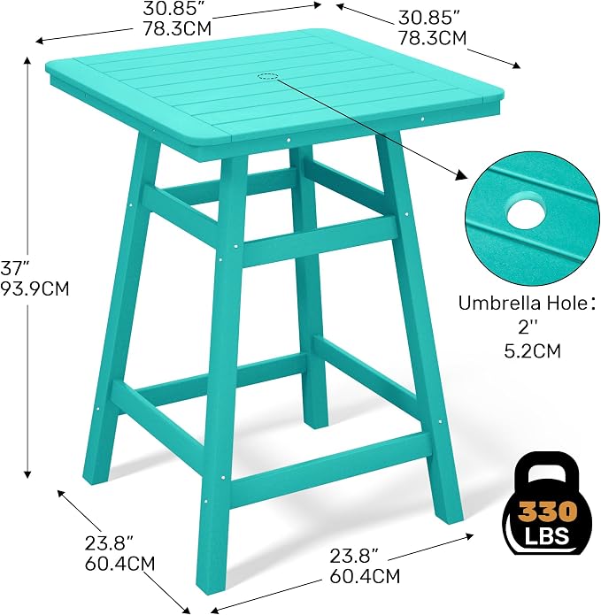 Costaelm Outdoor Bar Table, 37" Counter Height Square Patio Cocktail Bar Table with Umbrella Hole, Patio Bistro Dining Pub Table for Front Porch Deck Backyard Garden, Turquoise
