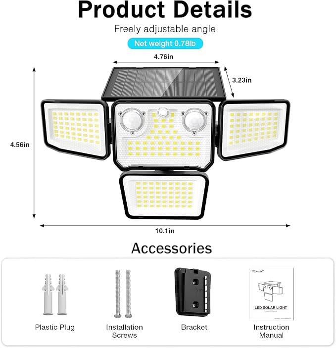 4500LM Solar Lights Outdoor Waterproof, 254 LED Solar Flood Lights Outdoor with 2 Motion Sensor, 4 Heads Security Light for Yard Outside House Garage 2 Pack