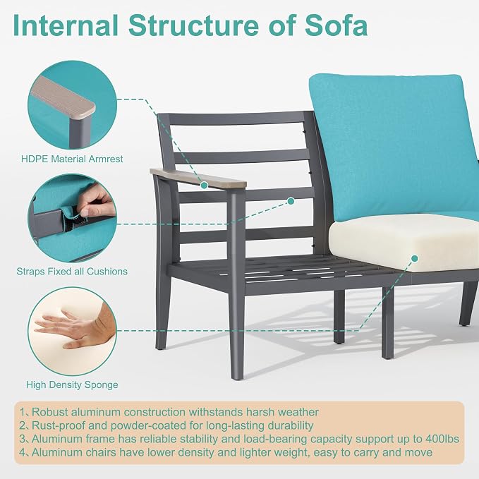 Aluminum Outdoor Patio Furniture Set with Swivel Rocking Chairs 7-Seat, Patio Sectional Sofa Patio Conversation Set with 55,000 BTU Fire Pit Table High Backrest & Thickened Cushions, Turquoise