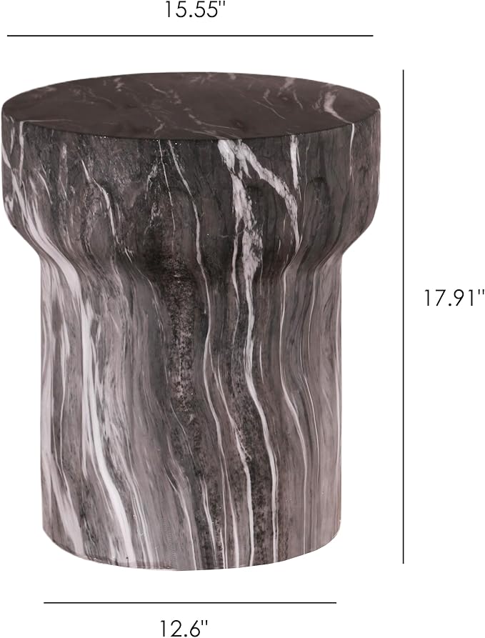 Outdoor Side Table Round Faux Marble Side Table Barrel End Tables Cement Accent Tables Patio Small Cofee Table Garden Stool for Porch, Backyard Balcony,15.55",Grey, Weather Resistant, MgO