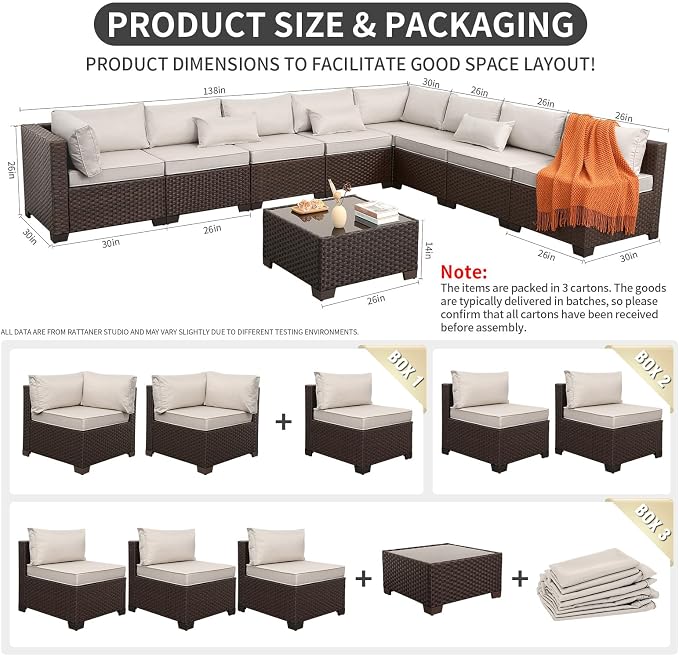 Rattaner 9 Pieces Outdoor Sectional All-Weather HDPE Brown Wicker Patio Furniture Set Patio Sectional Glass Patio Table Non-Slip Cushions and Waterproof Covers, Beige