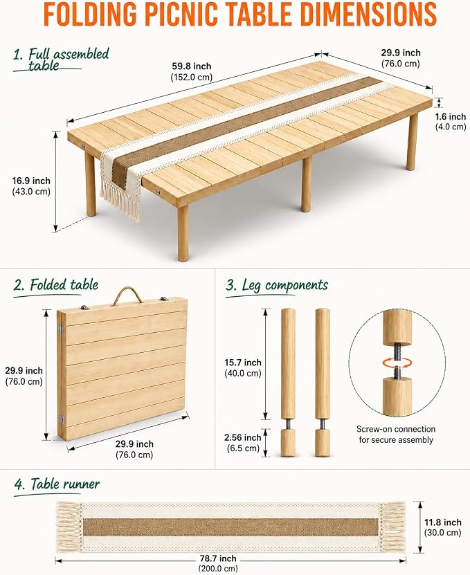 Folding Picnic Table, 60 x 30 in Solid Wood Boho Low Picnic Table with Table Runner, Portable Foldable Floor Table with Adjustable Height for Beach, Camping, Backyard, Wedding & Outdoor Parties