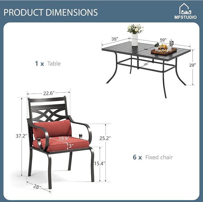 MFSTUDIO 7 PCS, Patio Dining Set, 59"×35", Umbrella Hole, Red | Steel, Metal, E-coated frame