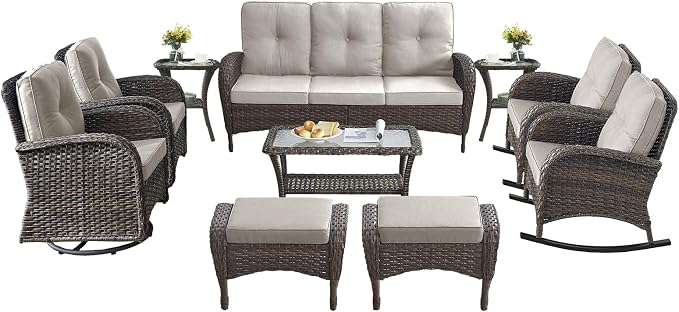 10-Piece Patio Furniture Set-Patio Rocking Chairs Set of 4 Outdoor Rattan Sofa Sets with Coffee Table Outdoor Patio Furniture Sets for Deck Porch Garden Balcony Poolside-Brown/Beige