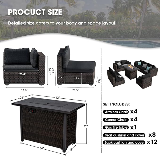 Grezone 9 Piece Patio Furniture Set with 44" Fire Pit Table, Outdoor Sectional Couch, PE Rattan Patio Conversation Sets with 4inch Cushions for Backyard Black