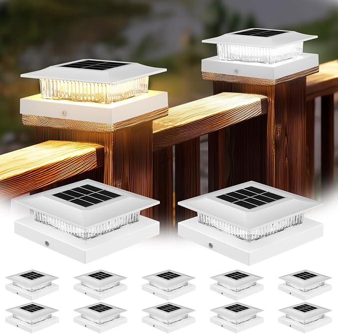 12 Pack Solar Post Cap Lights 4x4, Dual-Color Waterproof Fence Post Solar Lights, Fits 4x4 Vinyl or 3.5x3.5 Wood Posts, Dusk to Dawn Outdoor Lighting for Deck, Garden & Porch Decor, White