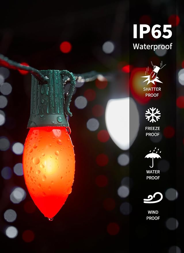 C9 Christmas Lights Outdoor, 100Ft 50 LED Red & Pure White String Lights | Waterproof Shatterproof Connectable Christmas Tree Lights for House Outside Roofline Patio Yard Home Xmas Decorations
