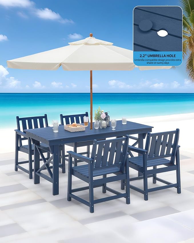 Outdoor Patio Dining Table Set, 5-Piece Outdoor HDPE Dining Furniture Sets with Umbrella Hole Table and 4 Chairs, All Weather for Backyard, Garden, Poolside, Lawn, Navy