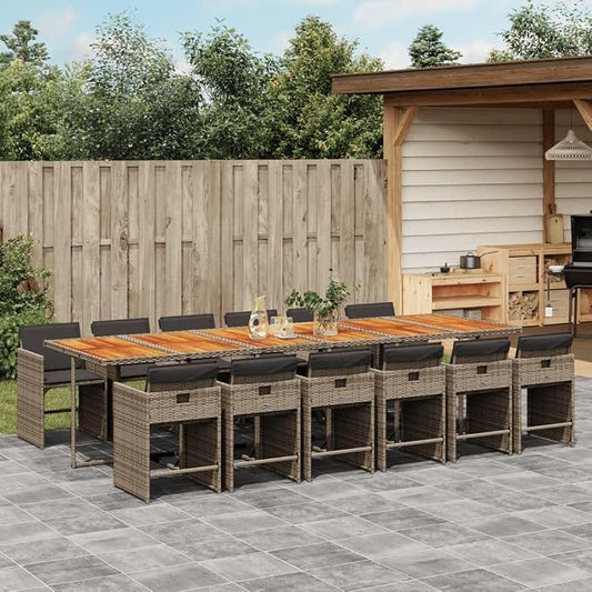 13 Piece Outdoor Dining Set with Cushions Gray Poly Rattan Patio Furniture for Garden Backyard Deck Space-Saving Folding Chairs Acacia Wood Table