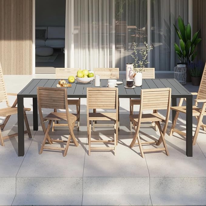 Domi Outdoor Dining Table for 8, Rectangular Metal Patio Table with Umbrella Hole for Deck Garden Lawn Backyard Use, Brown