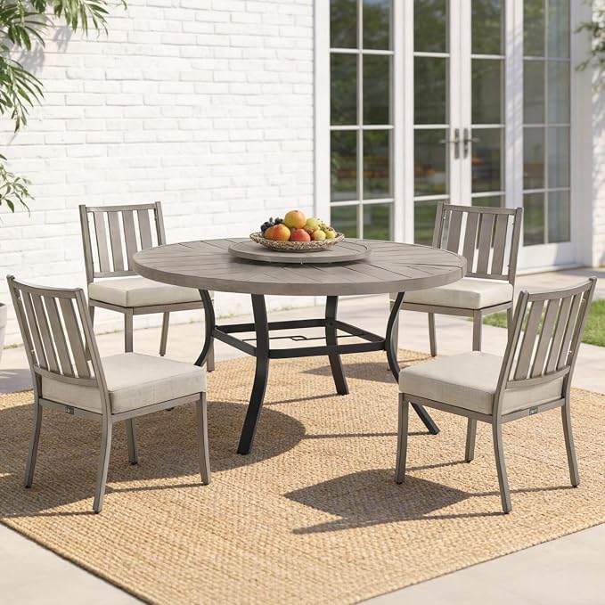PEAK HOME FURNISHINGS Outdoor Aluminum Dining Set, 60" Round Dining Table with 4 Dining Chairs