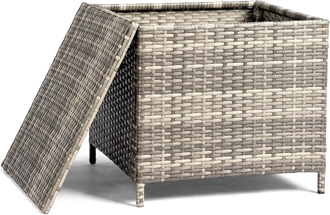 Wicker Rattan Side Table, Outdoor Wicker Storage Side Table, Patio Grey PE Rattan End Table with Storage, Square Container for Furniture Covers, and Gardening Tools,Grey