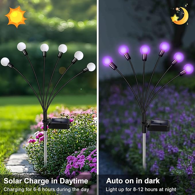 NBQQ Solar Lights Outdoor 4 Pack of 24 LEDs Swaying Firefly Garden Decor | Purple Waterproof Solar Garden Lights for Yard Pathway Patio, Swaying Lawn Decor as Gardening Gifts for Women,Christmas Decor