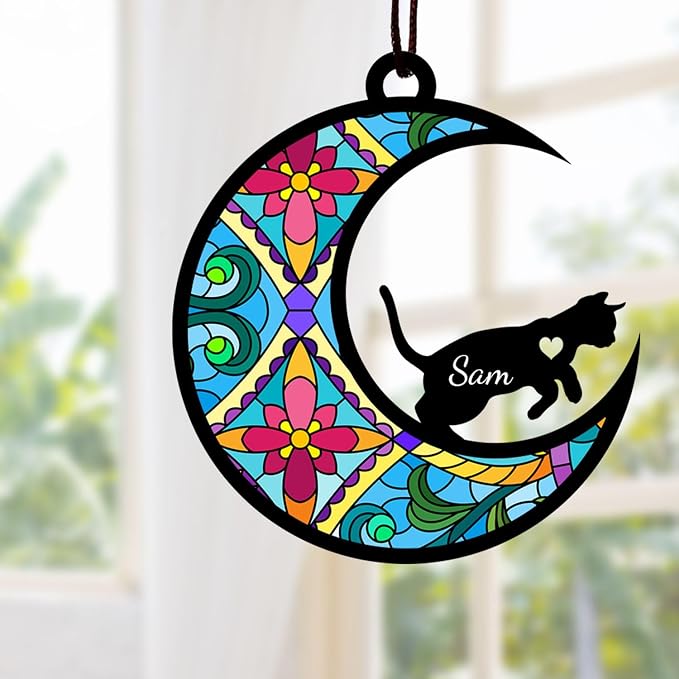 Custom Cat Memorial Suncatcher, Personalized with Name and Breed, Loss of Pet Sympathy Gift for Cat Lovers, Stained Glass Look Acrylic Ornament