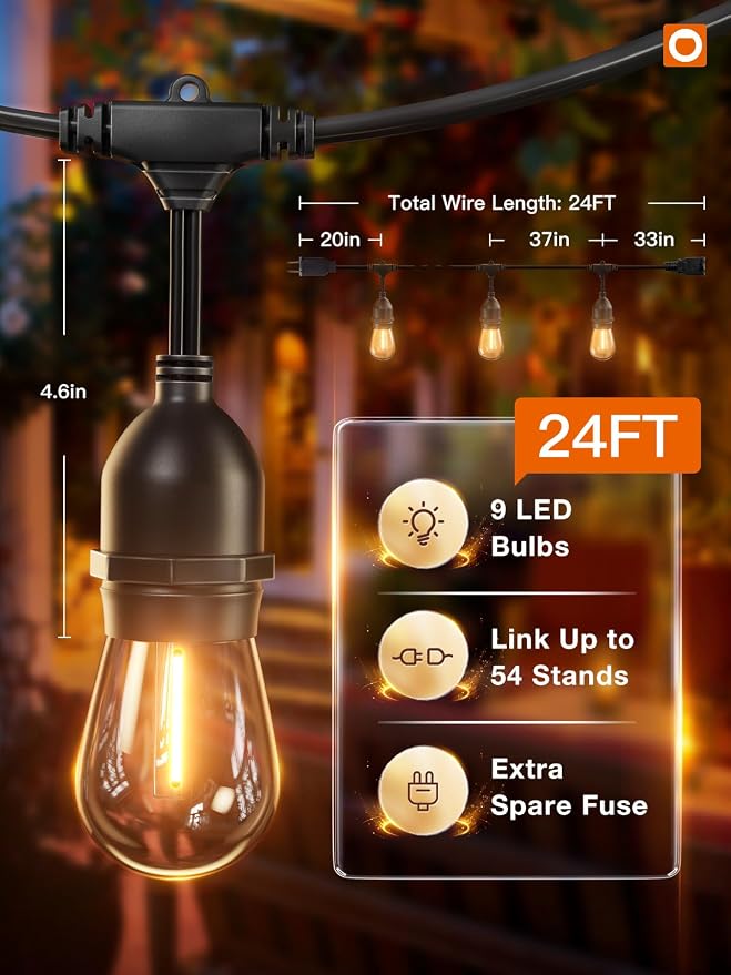 addlon LED Outdoor String Lights 24FT Edison Vintage Weatherproof ETL | Commercial Grade Strand with Shatterproof Bulbs, Decorative Hanging Lights for Patio Backyard Garden Cafe Bistro Deck