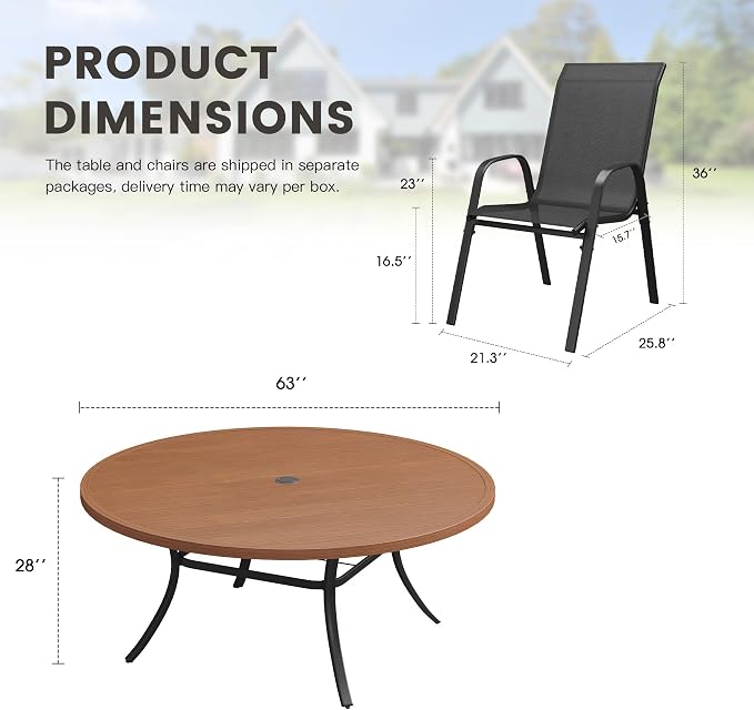 11 Pieces Outdoor Dining Set, 63" Round Table with Umbrella Hole & Stackable Patio Dining Chairs, Patio Table and Chairs Set for Deck Garden Porch, Black Chairs & Walnut Table
