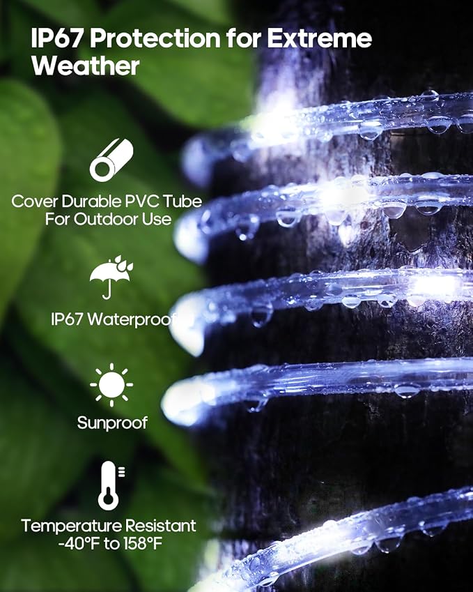 Solar Rope Lights, 66FT 200LED 1800mAh Outdoor IP67 String Lights (White) | Type C & Solar, With Remote, Waterproof, Timing, 8 Modes, for Garden Tree Pathway Yard Pool RV Christmas Decor