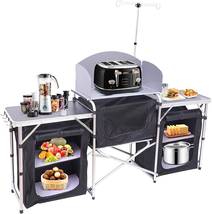 Nice C Camping Kitchen Table, Folding Cook Table, Upgrade Light Stand and Windshield Cook Station & 3 Organizers, Carry Bag for Grill, Outdoor, Beach, BBQ, Picnic, Cooking (Silver)