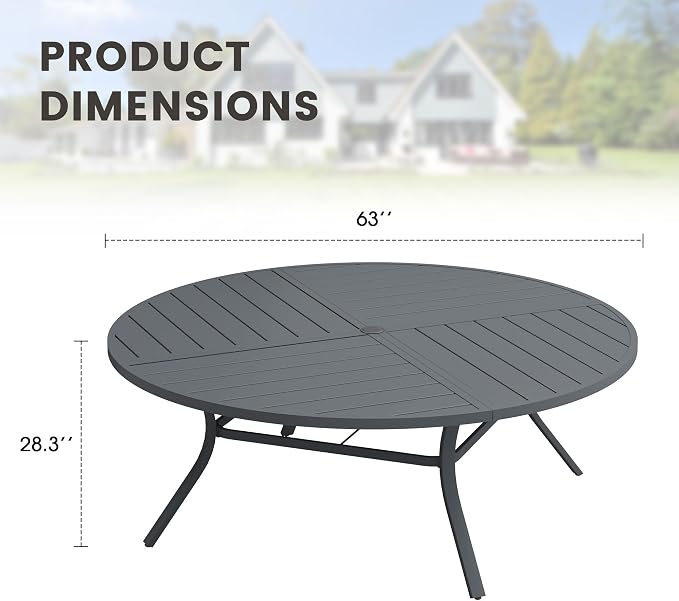 63" Outdoor Dining Table with Adjustable Umbrella Hole, Metal Slatted Round Patio Dining Table for Backyard Garden Deck, Dark Grey