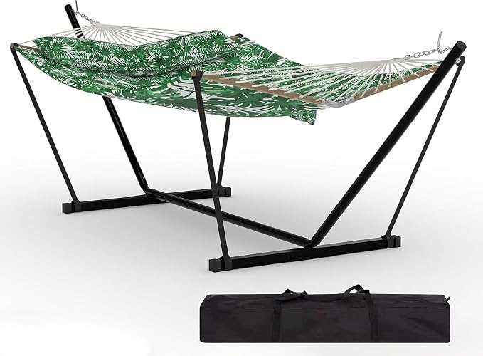 2 Person Outdoor Hammock with Stand, 450 LBS Heavy Duty Anti-Tipping Frame with Balance Rope, Rainproof & Quick Dry for Patio, Backyard, Balcony & Outdoor Garden Use, Green Banana Leaf Color