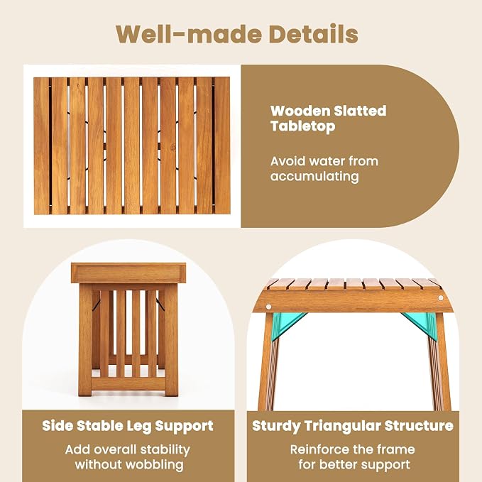 HAPPYGRILL Outdoor Folding Side Table, Foldable Patio Acacia Wood End Table with Slatted Tabletop & Leg Frame, Small Outside Table for Backyard Poolside Porch (Teak Finish)