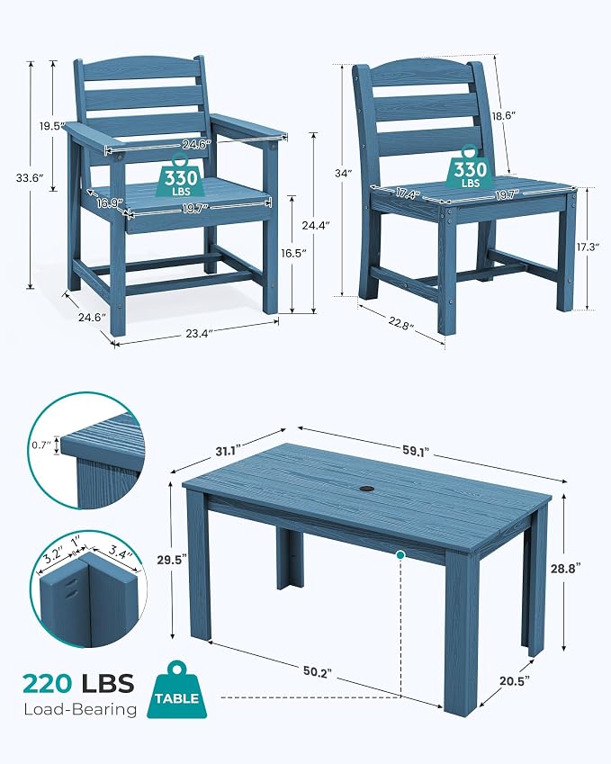 SERWALL 59" Outdoor Dining Set for 6, w/ 1 Table & 6 Chairs, Blue | Armless Patio Dining Sets for All Weather Use