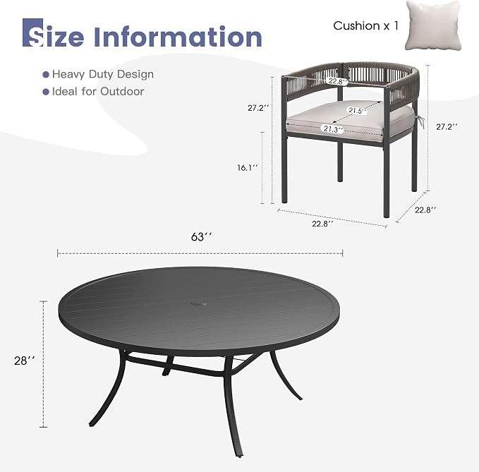 VICLLAX Patio Dining Set, 63" Black Table & 6 Chairs with Wheat Cushion | Outdoor Table and Chairs Set of Round Metal Patio Table, Outdoor Dining Chairs with Metal Frame, Garden Deck Porch
