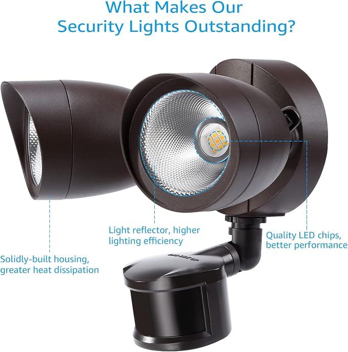 LEONLITE LED Security Light Outdoor Motion Sensor Dusk to Dawn 3000K Bronze | Motion Flood Light for Outside, Dusk to Dawn, UL Listed, Adjustable Dual Heads, Wet Location, Warm White