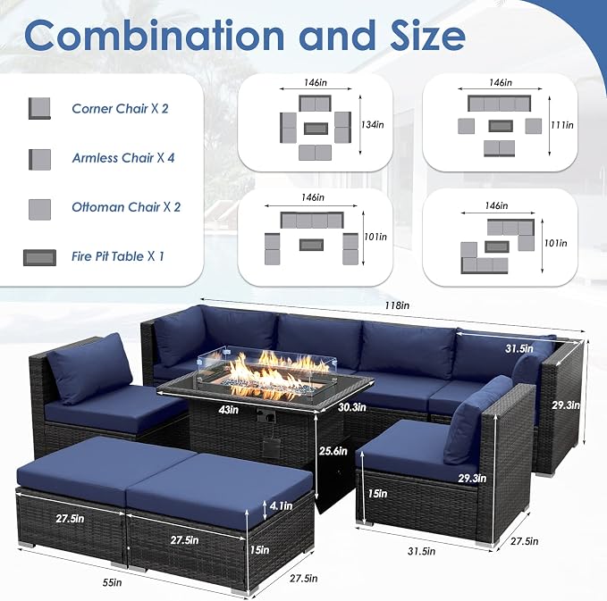 RADIATA 9 Piece Wicker Patio Furniture Set with Fire Pit, All-Weather Outdoor Sectional Couch High Back Large Size, Modular Backyard Seating Sofa Set with Propane/Natural Gas Firepit Table, Grey&Blue