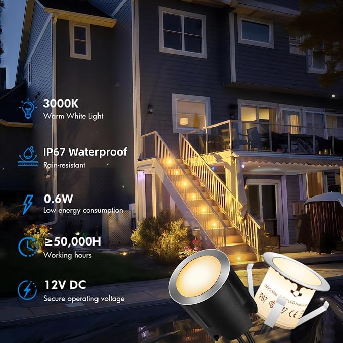 24 Pack LED Recessed Deck Lights with Protecting Shell, IP68 Waterproof Warm White, 0.6W , Outdoor Landscape Lighting, 12V Low Voltage Deck Lights Kit for Garden Yard Step Riser Stair Decoration