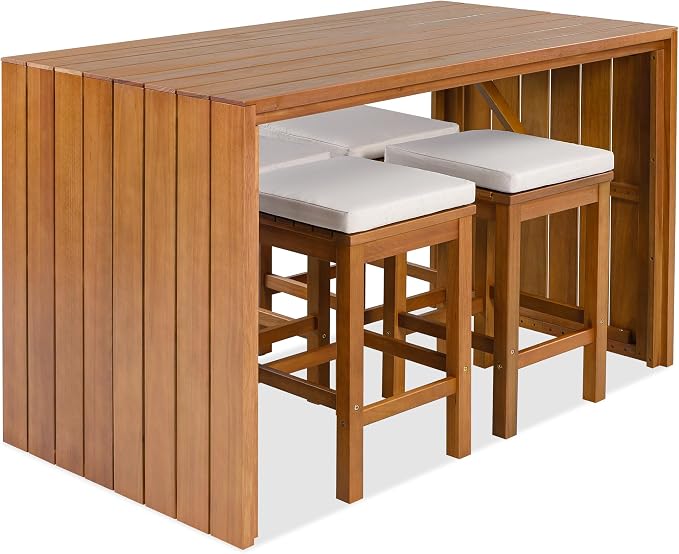 5 Piece Outdoor Bar Set for 4, Acacia Wood Bar Height Table & 4 Stools with Removable Cushions, Wood Dining Table Bar Set with Adjustable Feet for Backyard, Poolside, Balcony, Beige+Natural