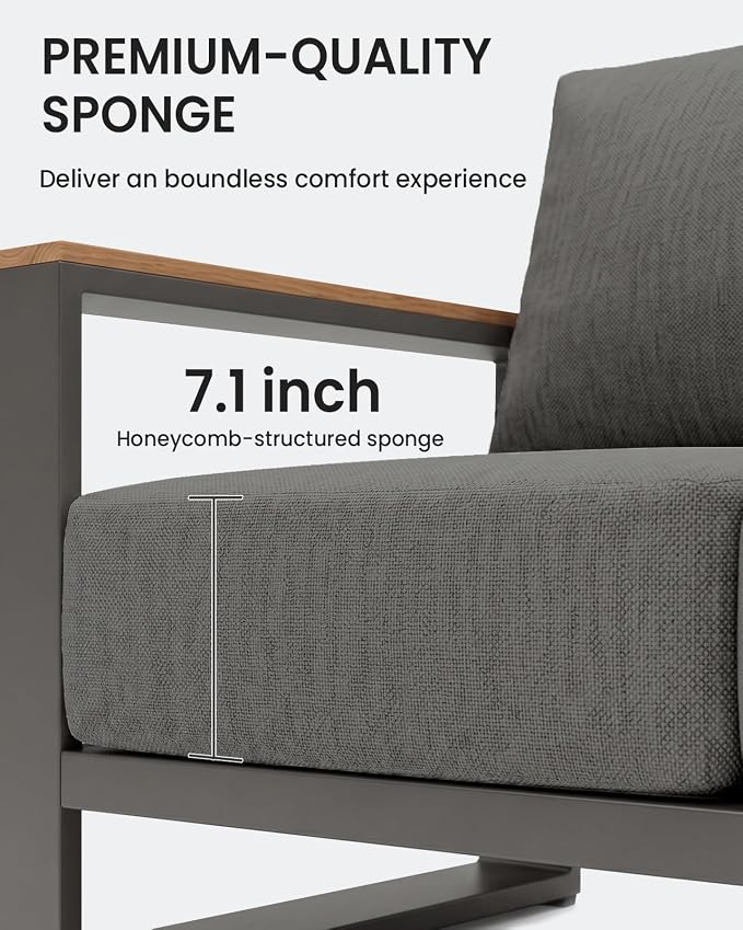 Oversized Aluminum Patio Furniture, 1 Piece Luxury Outdoor Furniture with 7.1" Extra Thick Cushion, Modern Outdoor Sectional 3-Seat Sofa for Porch, Garden and Deck, Gray
