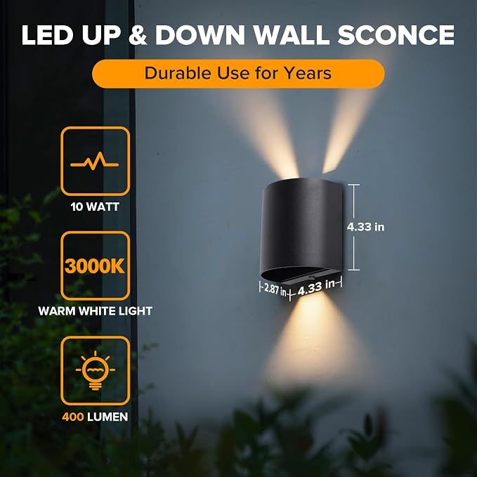 LUTEC 2-Pack LED Up & Down Adjustable Wall Lights,Anti-Rust Aluminium Modern Outdoor Indoor Wall Sconce, 10W, 400LM, 3000K Warm White Exterior Light, IP65 Waterproof for Porch, Patio, Garage-Black
